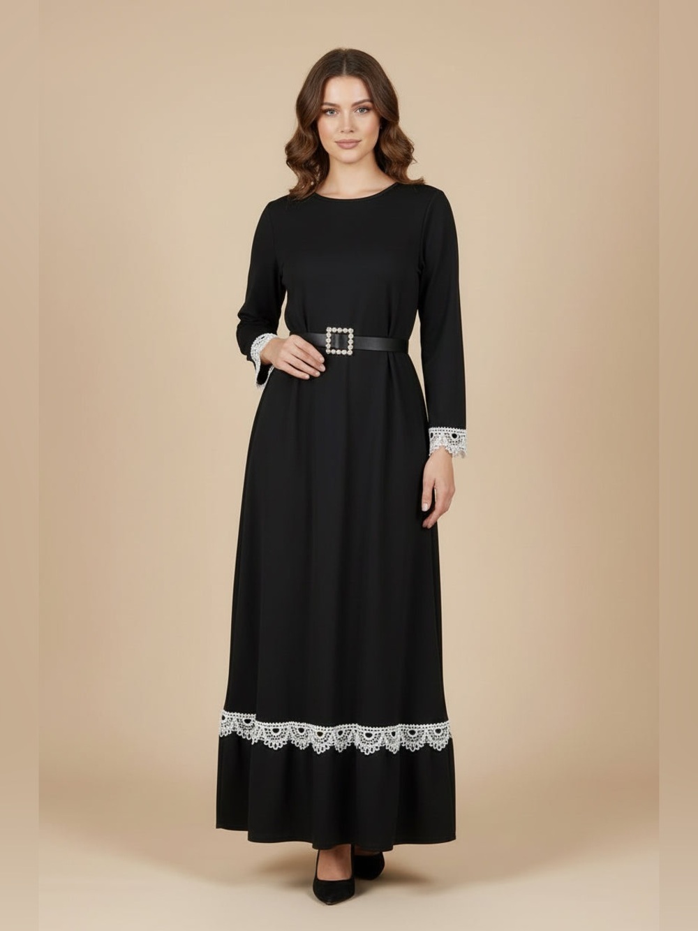 Black Maxi Dress with White Lace Trim